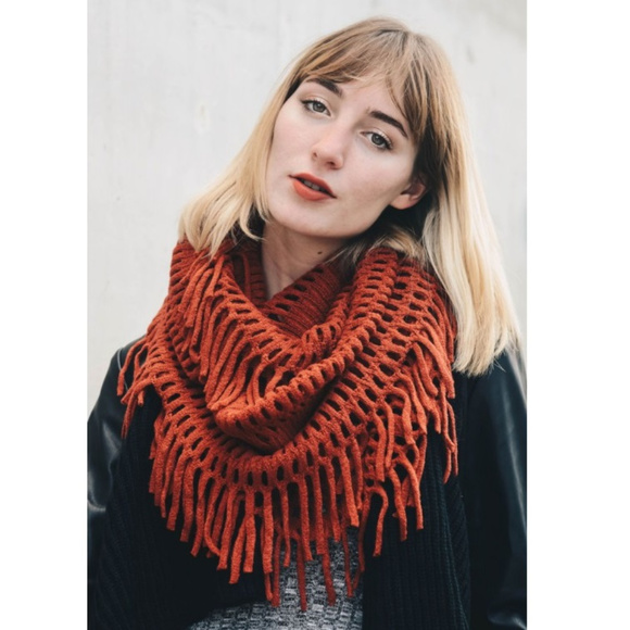Accessories - Chenille Fringe Bulky Infinity Scarf in Brick
